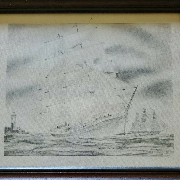 Framed Print Clipper Ships and Lighthouse Scene Pencil Drawing 12" x 14" Glass - Picture 2 of 8